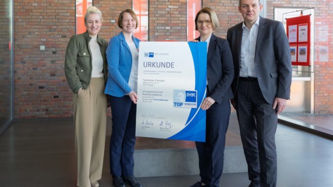 Digitale Ausbildungsplattform und transparente Prozesse: Die Sparkasse Emsland wird zum 3. Mal mit dem Zertifikat „TOP Ausbildung“ ausgezeichnet Digitale Ausbildungsplattform und transparente Prozesse: Die Sparkasse Emsland wird zum 3. Mal mit dem Zertifikat „TOP Ausbildung“ ausgezeichnet
